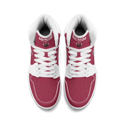 Arizona football-inspired Jamrock High top sneaker in cardinal red with a Phoenix skyline football badge and white mid panel