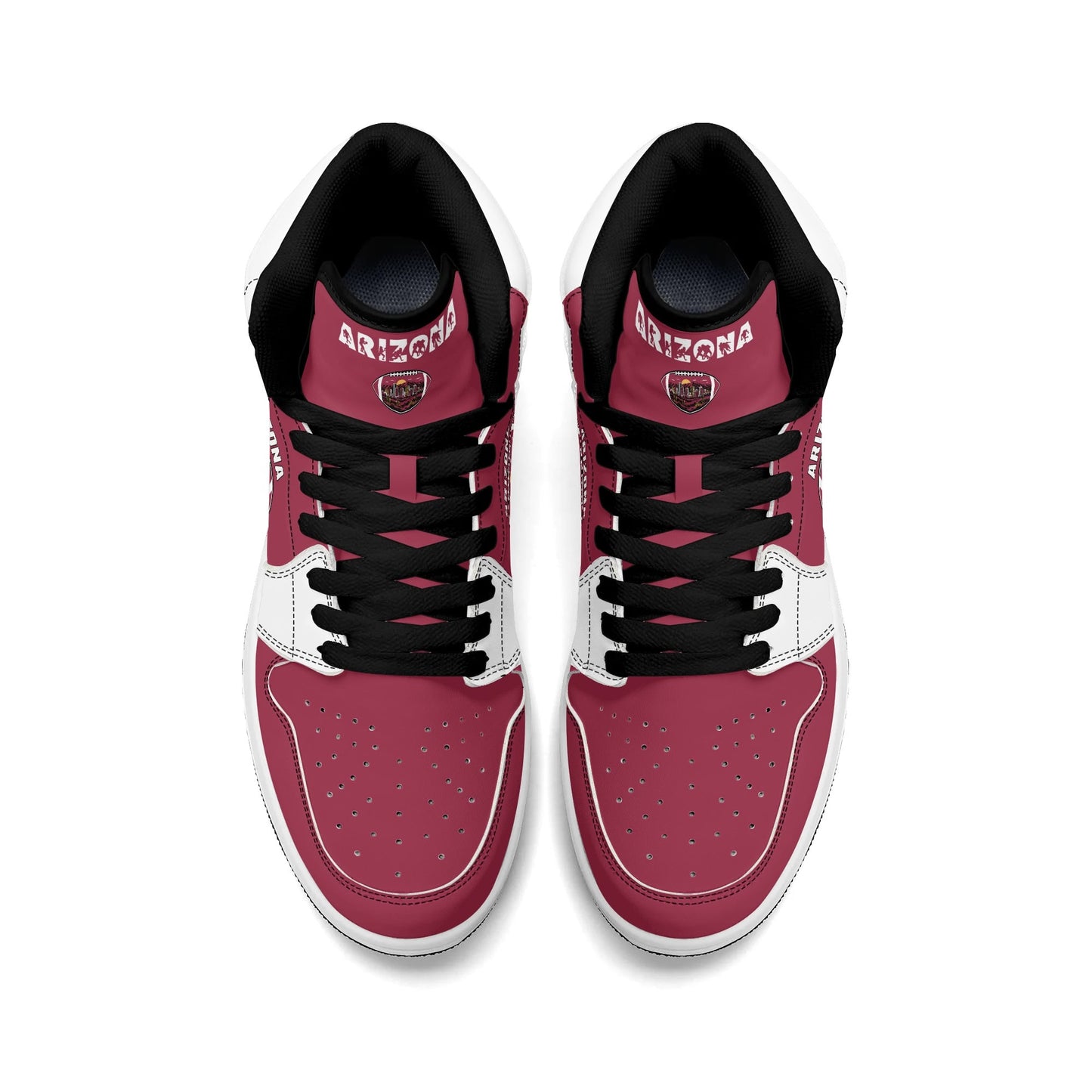 Arizona football-inspired Jamrock High top sneaker in cardinal red with a Phoenix skyline football badge and white mid panel