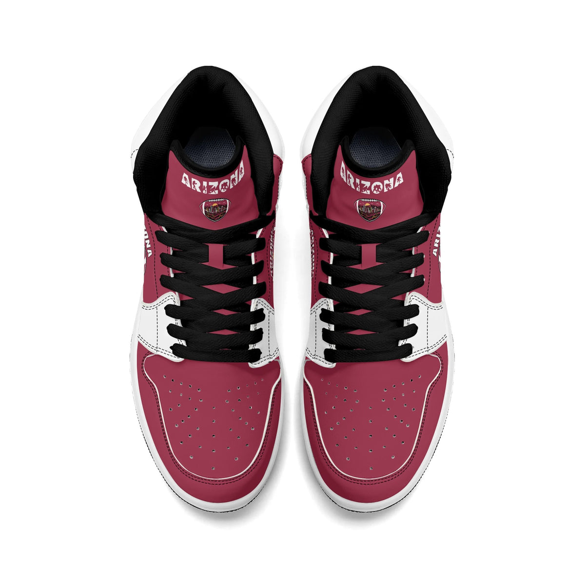 Arizona football-inspired Jamrock High top sneaker in cardinal red with a Phoenix skyline football badge and white mid panel