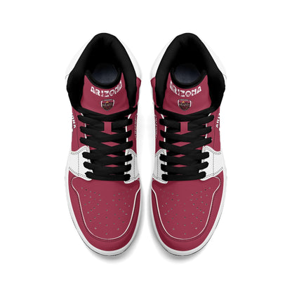 Arizona football-inspired Jamrock High top sneaker in cardinal red with a Phoenix skyline football badge and white mid panel