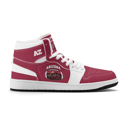 Arizona football-inspired Jamrock High top sneaker in cardinal red with a Phoenix skyline football badge and white mid panel