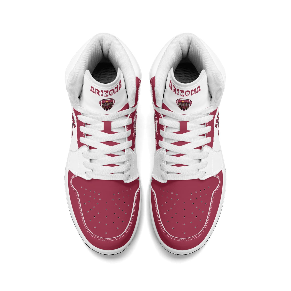 Arizona football-inspired Jamrock High top sneaker in white and cardinal red with a Phoenix skyline football badge and AZ ankle mark