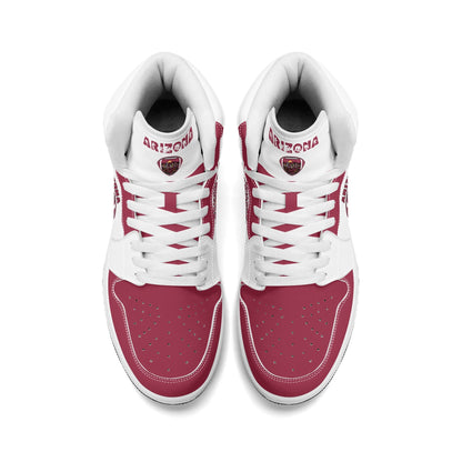 Arizona football-inspired Jamrock High top sneaker in white and cardinal red with a Phoenix skyline football badge and AZ ankle mark