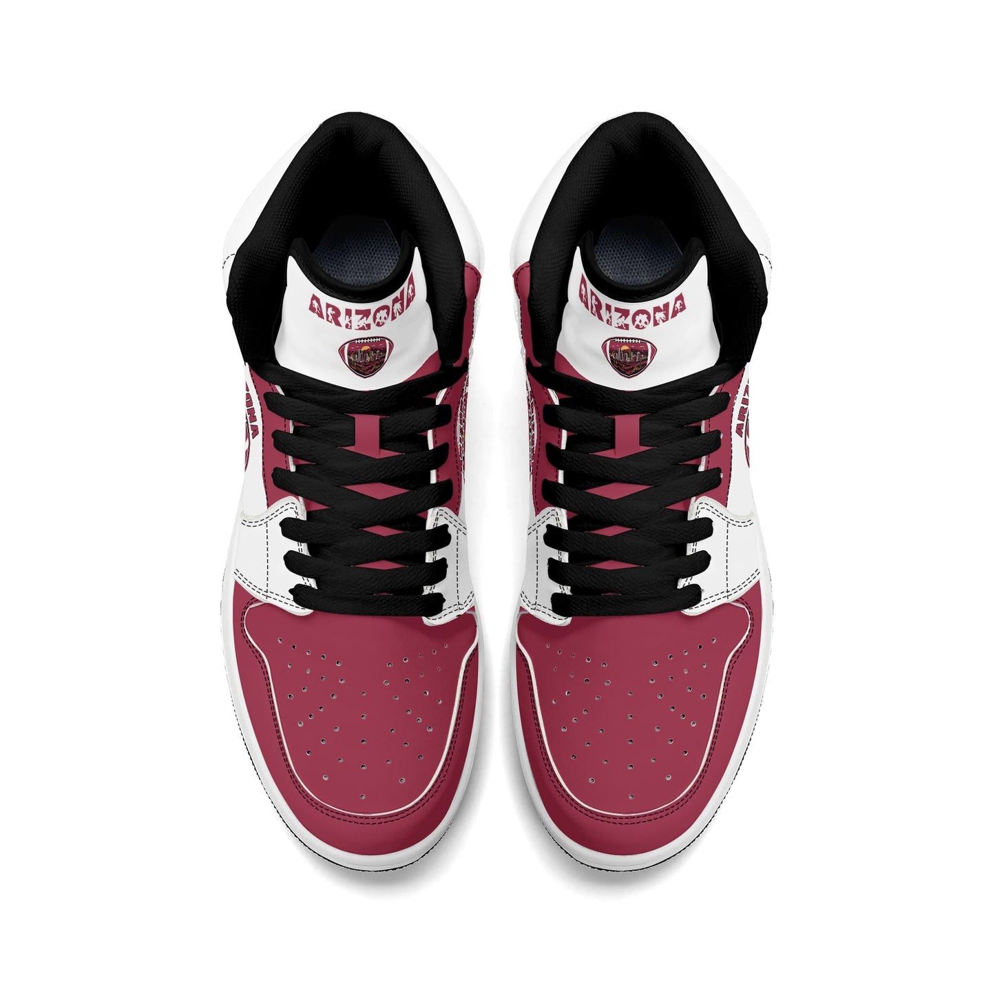 Arizona football-inspired Jamrock High top sneaker in white and cardinal red with a Phoenix skyline football badge and AZ ankle mark