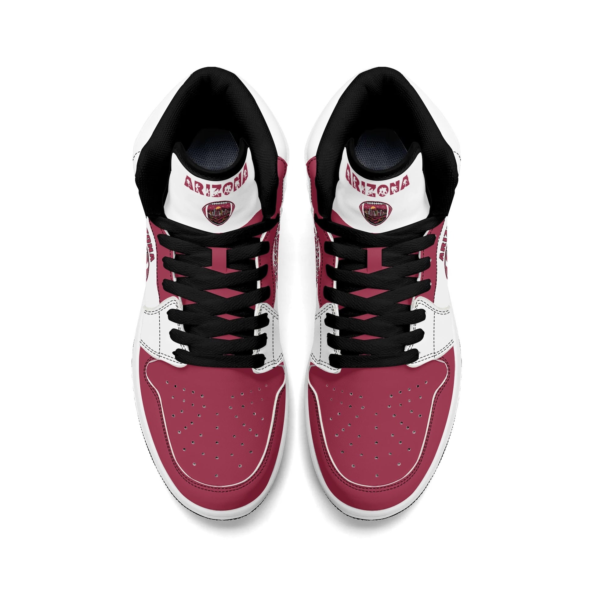Arizona football-inspired Jamrock High top sneaker in white and cardinal red with a Phoenix skyline football badge and AZ ankle mark