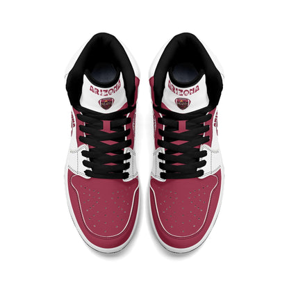 Arizona football-inspired Jamrock High top sneaker in white and cardinal red with a Phoenix skyline football badge and AZ ankle mark