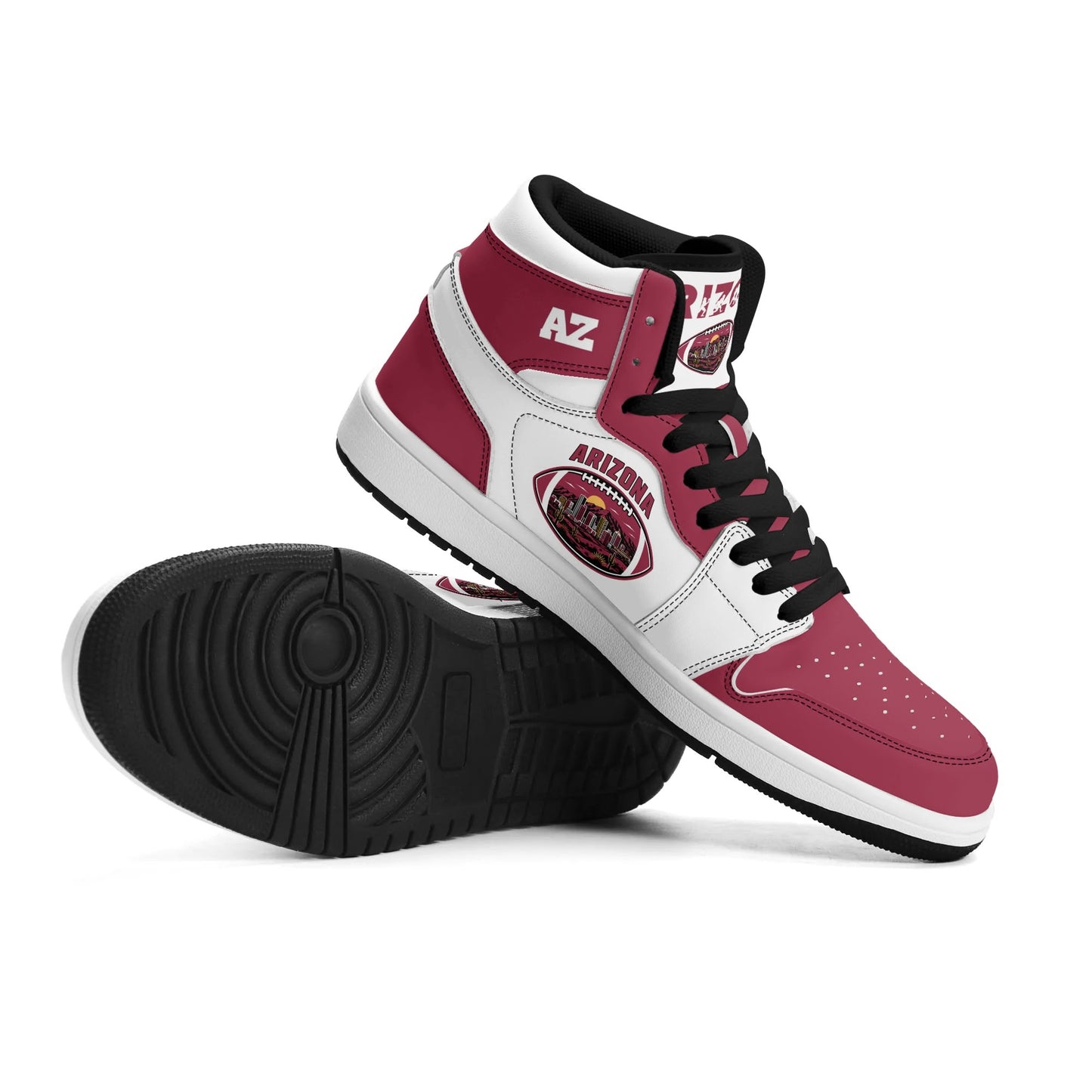 Arizona football-inspired Jamrock High top sneaker in white and cardinal red with a Phoenix skyline football badge and AZ ankle mark