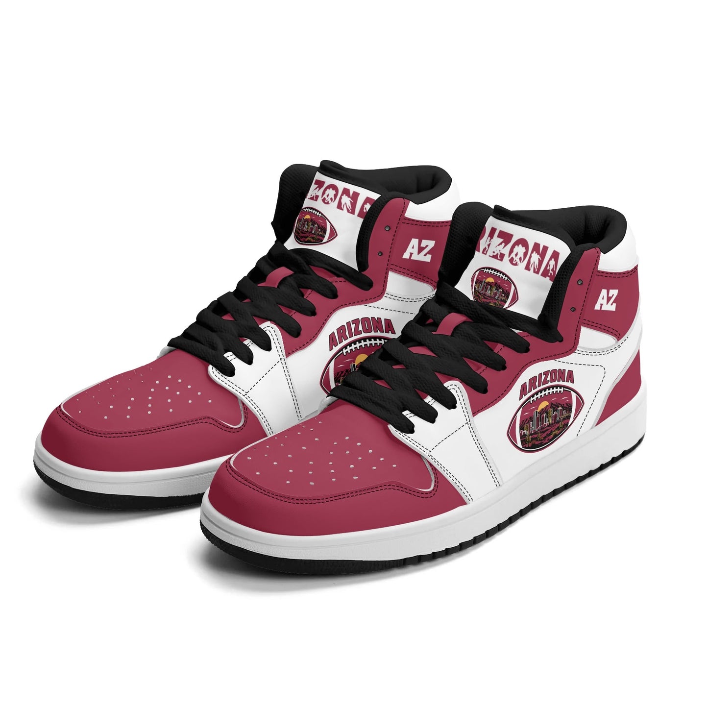 Arizona football-inspired Jamrock High top sneaker in white and cardinal red with a Phoenix skyline football badge and AZ ankle mark