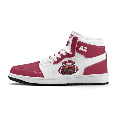 Arizona football-inspired Jamrock High top sneaker in white and cardinal red with a Phoenix skyline football badge and AZ ankle mark