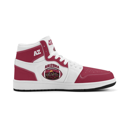 Arizona football-inspired Jamrock High top sneaker in white and cardinal red with a Phoenix skyline football badge and AZ ankle mark