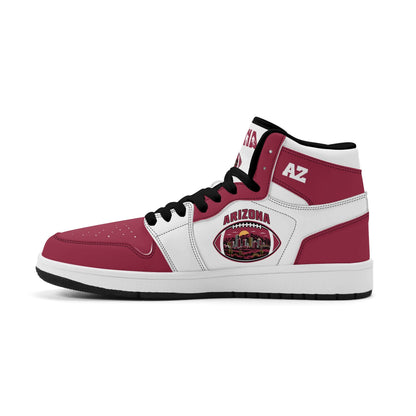 Arizona football-inspired Jamrock High top sneaker in white and cardinal red with a Phoenix skyline football badge and AZ ankle mark