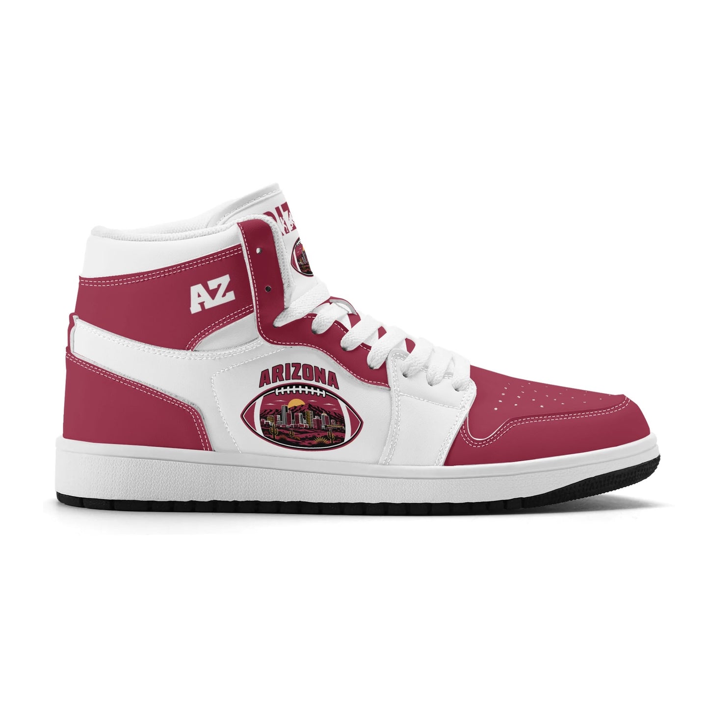 Arizona football-inspired Jamrock High top sneaker in white and cardinal red with a Phoenix skyline football badge and AZ ankle mark