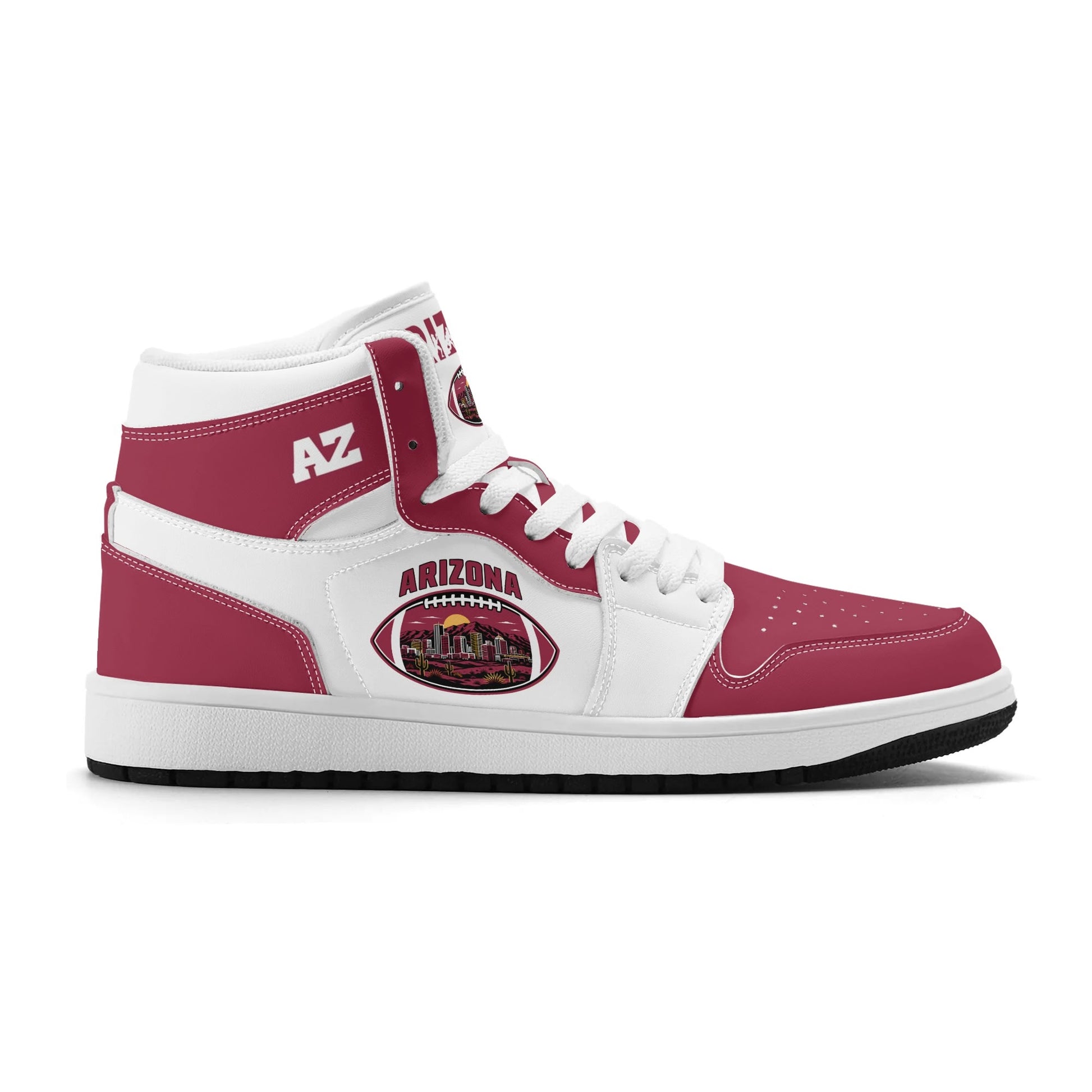 Arizona football-inspired Jamrock High top sneaker in white and cardinal red with a Phoenix skyline football badge and AZ ankle mark