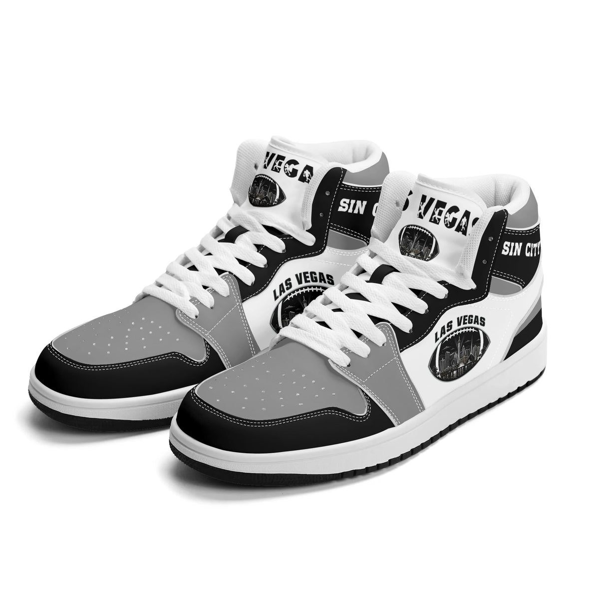Las Vegas football Jamrock High top sneakers in gray, black, white with football badge with the city skyline at night
