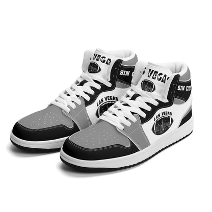 Las Vegas football Jamrock High top sneakers in gray, black, white with football badge with the city skyline at night