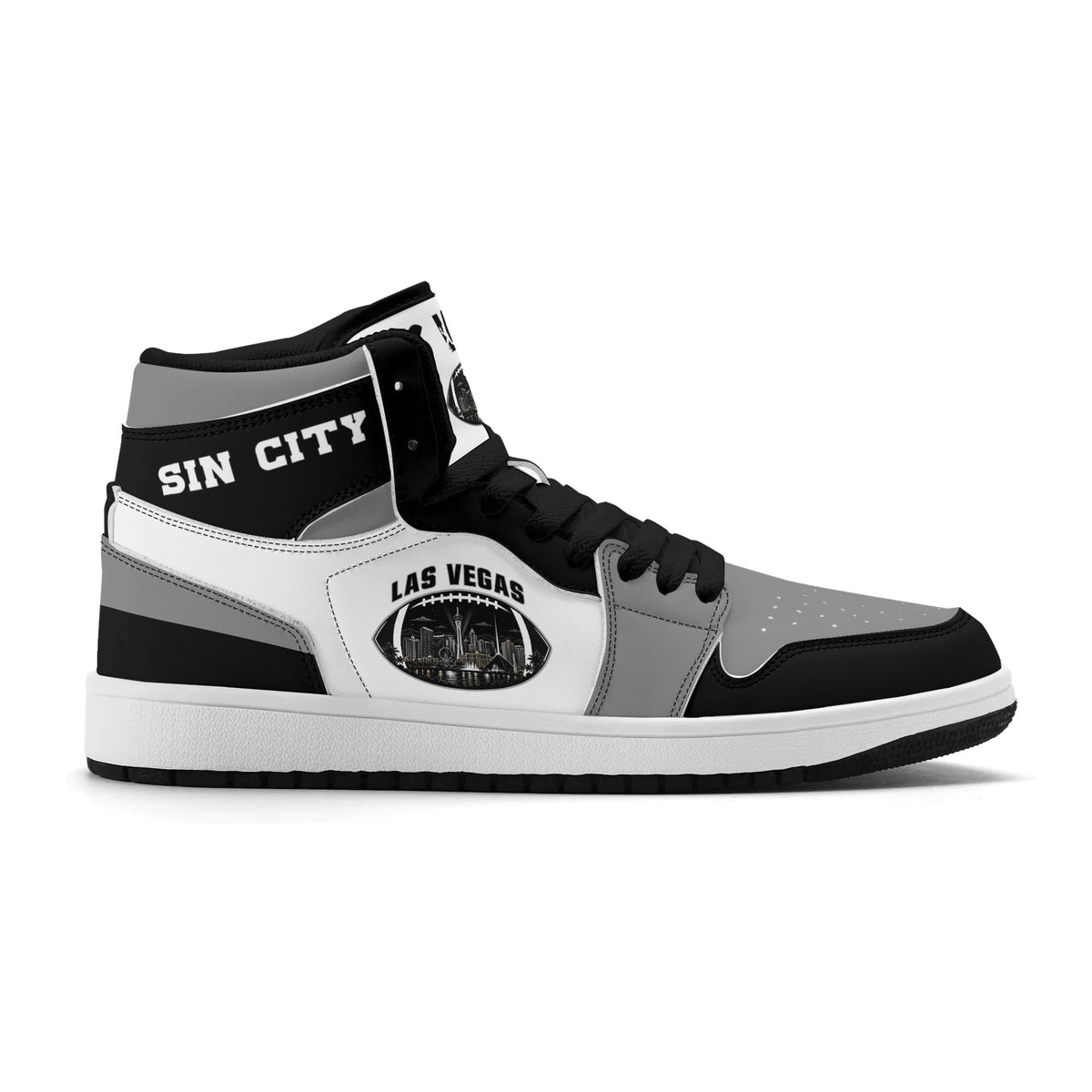 Las Vegas football Jamrock High top sneakers in gray, black, white with football badge with the city skyline at night