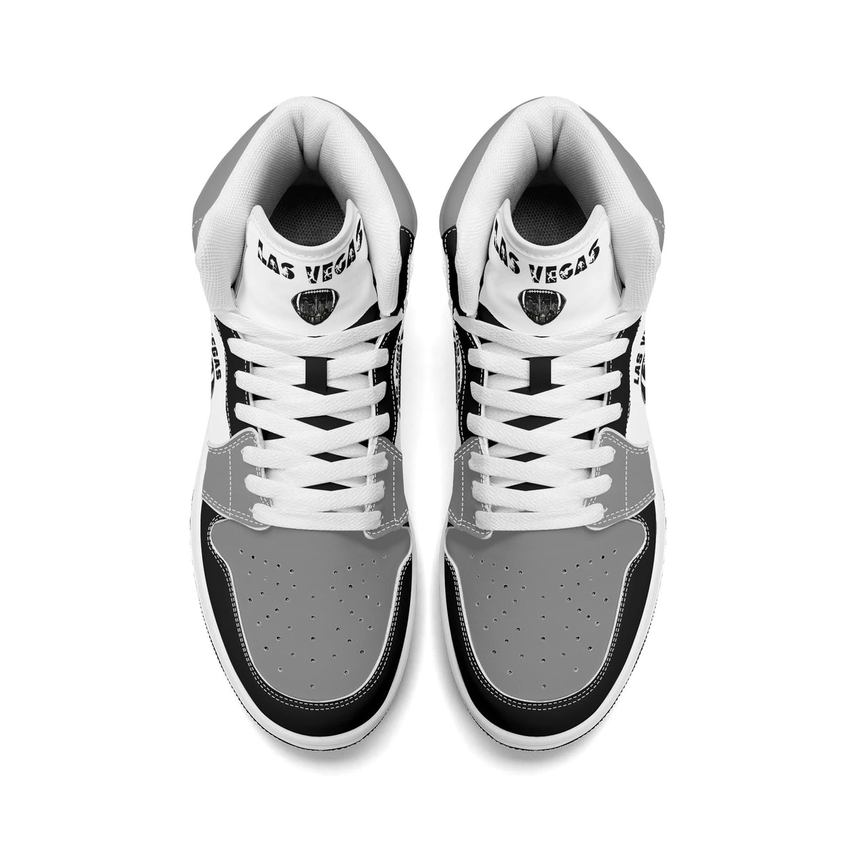 Las Vegas football Jamrock High top sneakers in gray, black, white with football badge with the city skyline at night