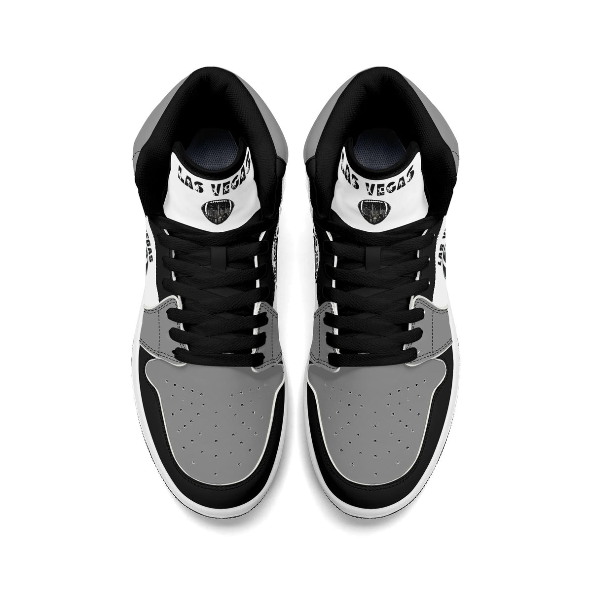 Las Vegas football Jamrock High top sneakers in gray, black, white with football badge with the city skyline at night