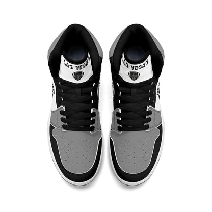 Las Vegas football Jamrock High top sneakers in gray, black, white with football badge with the city skyline at night