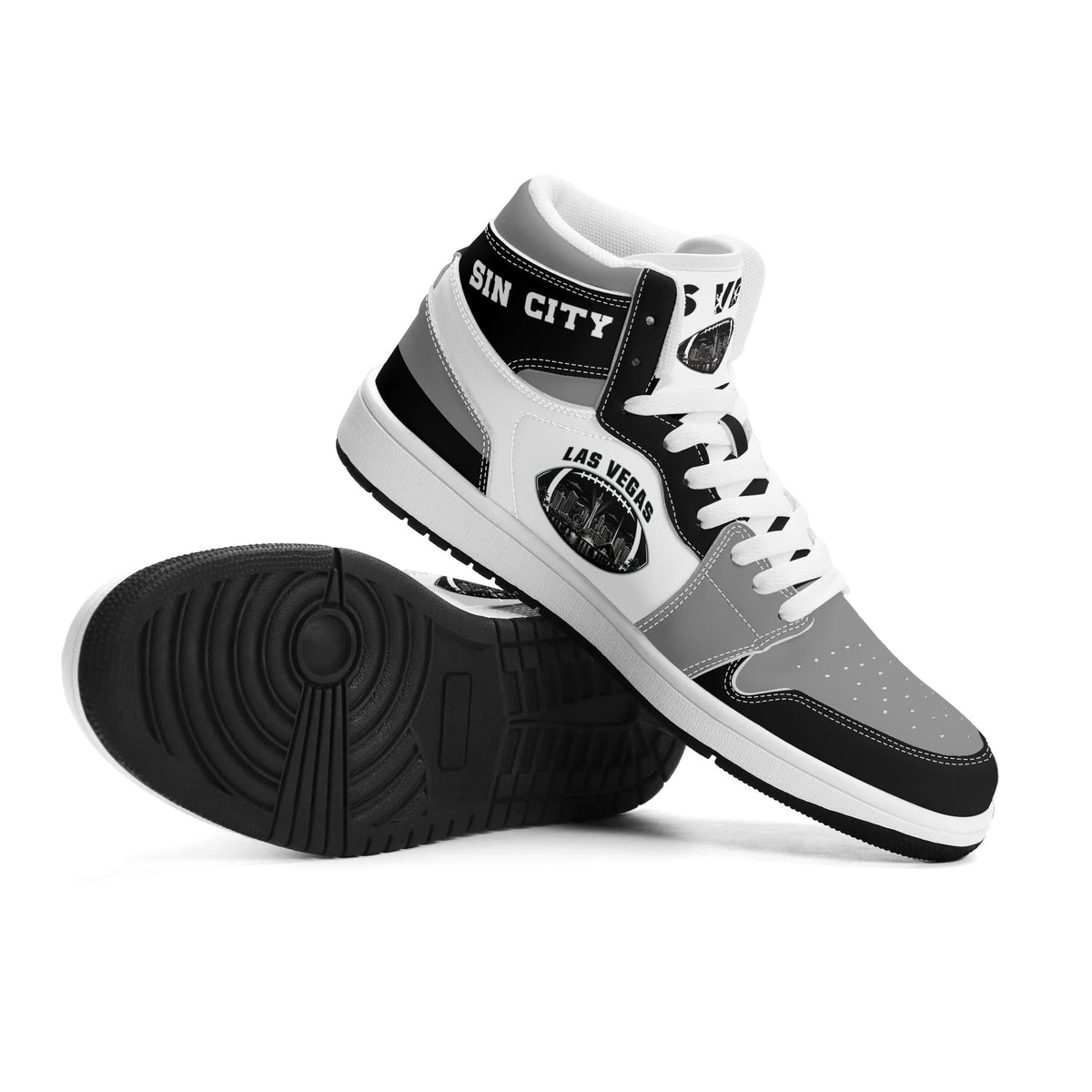 Las Vegas football Jamrock High top sneakers in gray, black, white with football badge with the city skyline at night