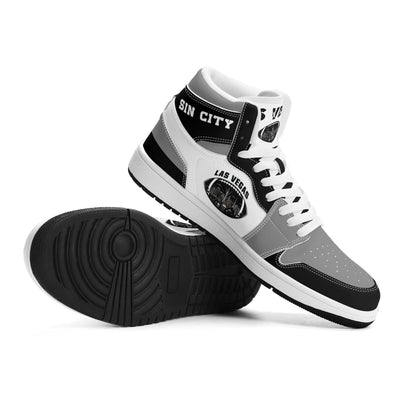 Las Vegas football Jamrock High top sneakers in gray, black, white with football badge with the city skyline at night