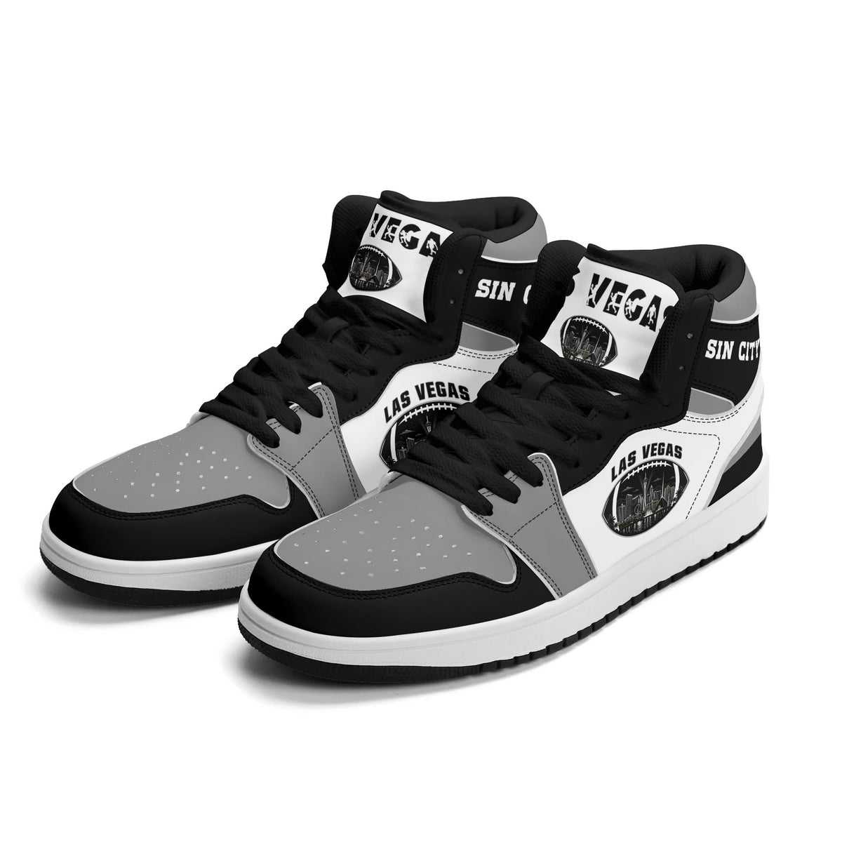 Las Vegas football Jamrock High top sneakers in gray, black, white with football badge with the city skyline at night
