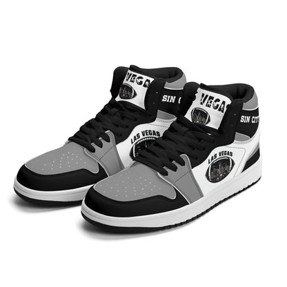 Las Vegas football Jamrock High top sneakers in gray, black, white with football badge with the city skyline at night