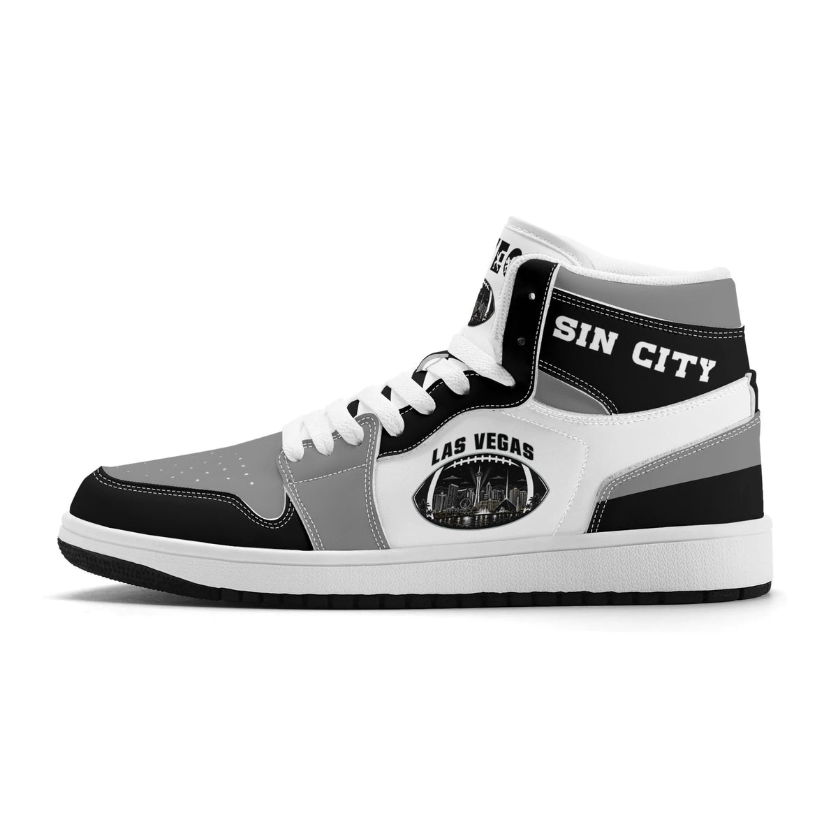 Las Vegas football Jamrock High top sneakers in gray, black, white with football badge with the city skyline at night