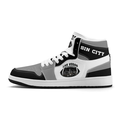 Las Vegas football Jamrock High top sneakers in gray, black, white with football badge with the city skyline at night