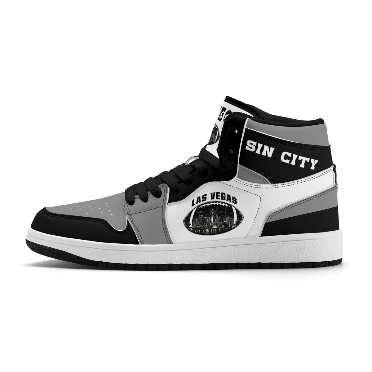 Las Vegas football Jamrock High top sneakers in gray, black, white with football badge with the city skyline at night
