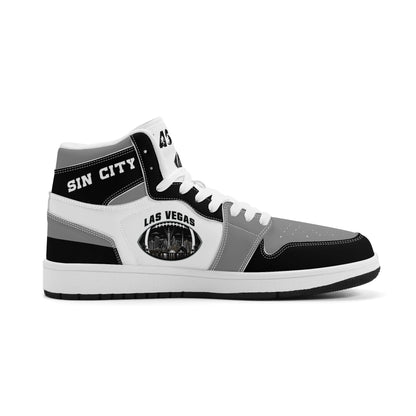 Las Vegas football Jamrock High top sneakers in gray, black, white with football badge with the city skyline at night