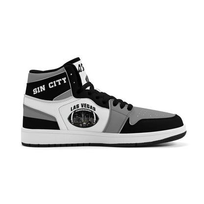 Las Vegas football Jamrock High top sneakers in gray, black, white with football badge with the city skyline at night