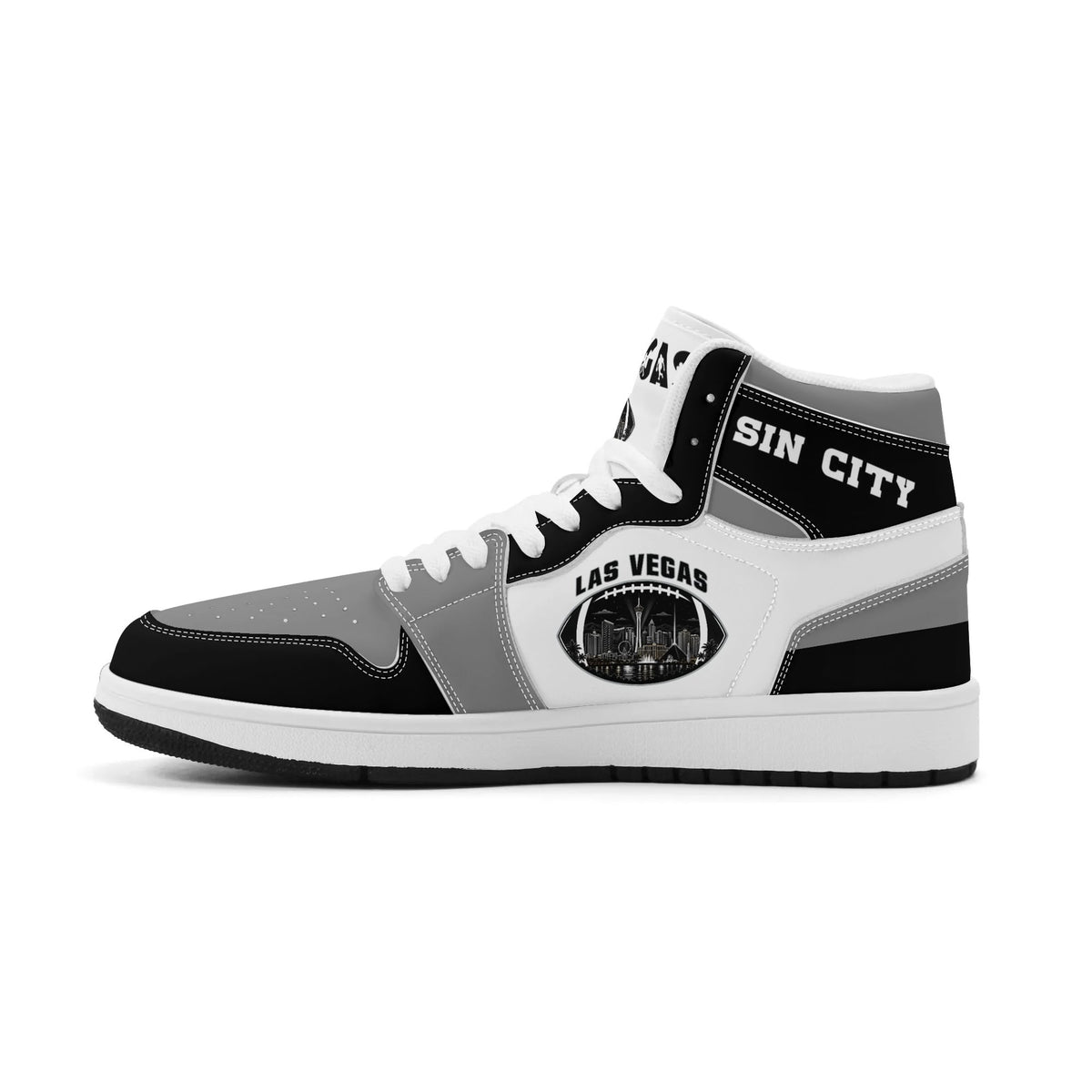 Las Vegas football Jamrock High top sneakers in gray, black, white with football badge with the city skyline at night