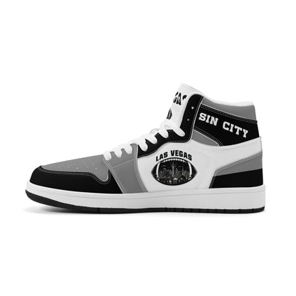 Las Vegas football Jamrock High top sneakers in gray, black, white with football badge with the city skyline at night