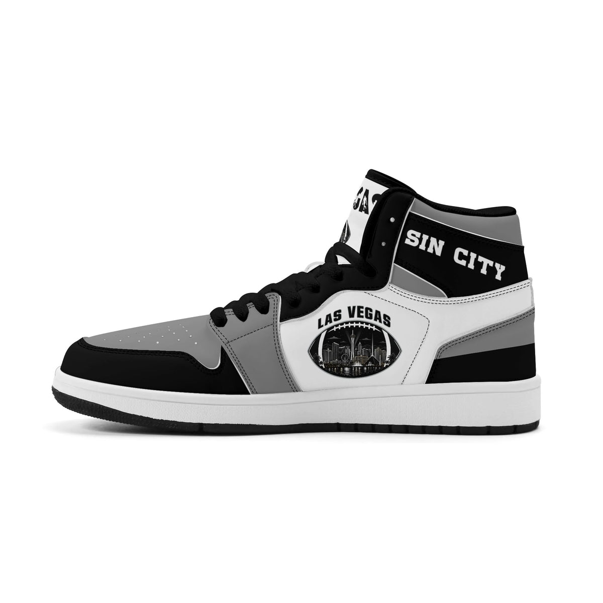 Las Vegas football Jamrock High top sneakers in gray, black, white with football badge with the city skyline at night