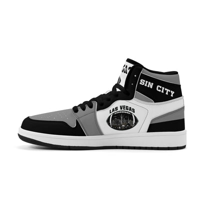 Las Vegas football Jamrock High top sneakers in gray, black, white with football badge with the city skyline at night