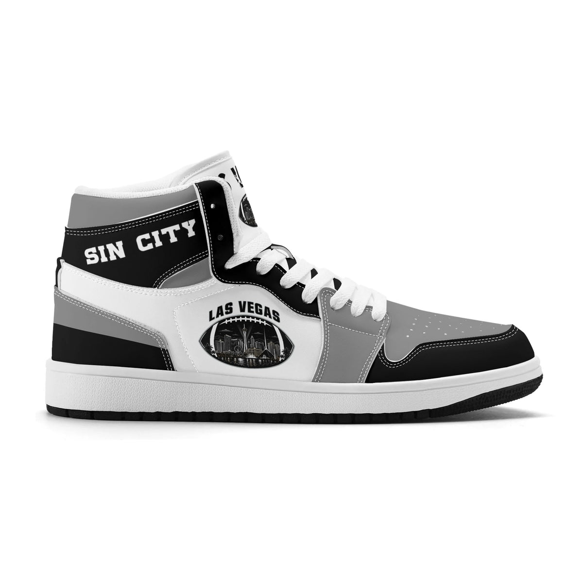 Las Vegas football Jamrock High top sneakers in gray, black, white with football badge with the city skyline at night