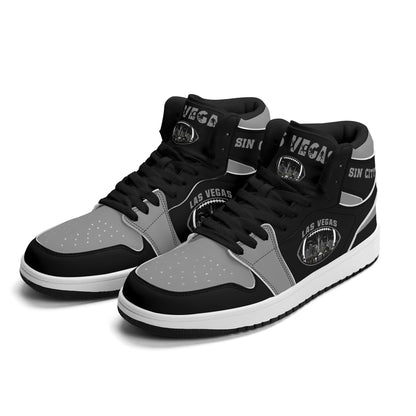 Las Vegas football Jamrock High top sneakers in black, gray, white with football badge with the city skyline at night