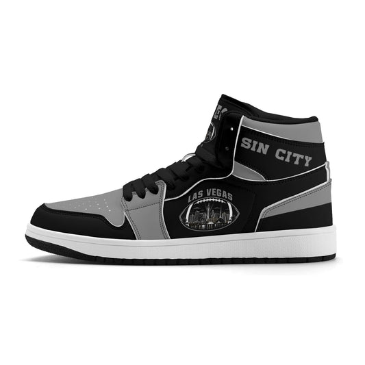 Las Vegas football Jamrock High top sneakers in black, gray, white with football badge with the city skyline at night