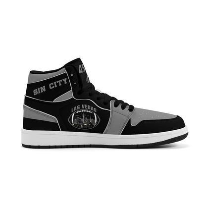 Las Vegas football Jamrock High top sneakers in black, gray, white with football badge with the city skyline at night