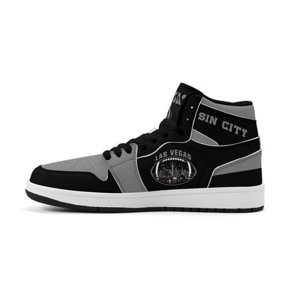 Las Vegas football Jamrock High top sneakers in black, gray, white with football badge with the city skyline at night