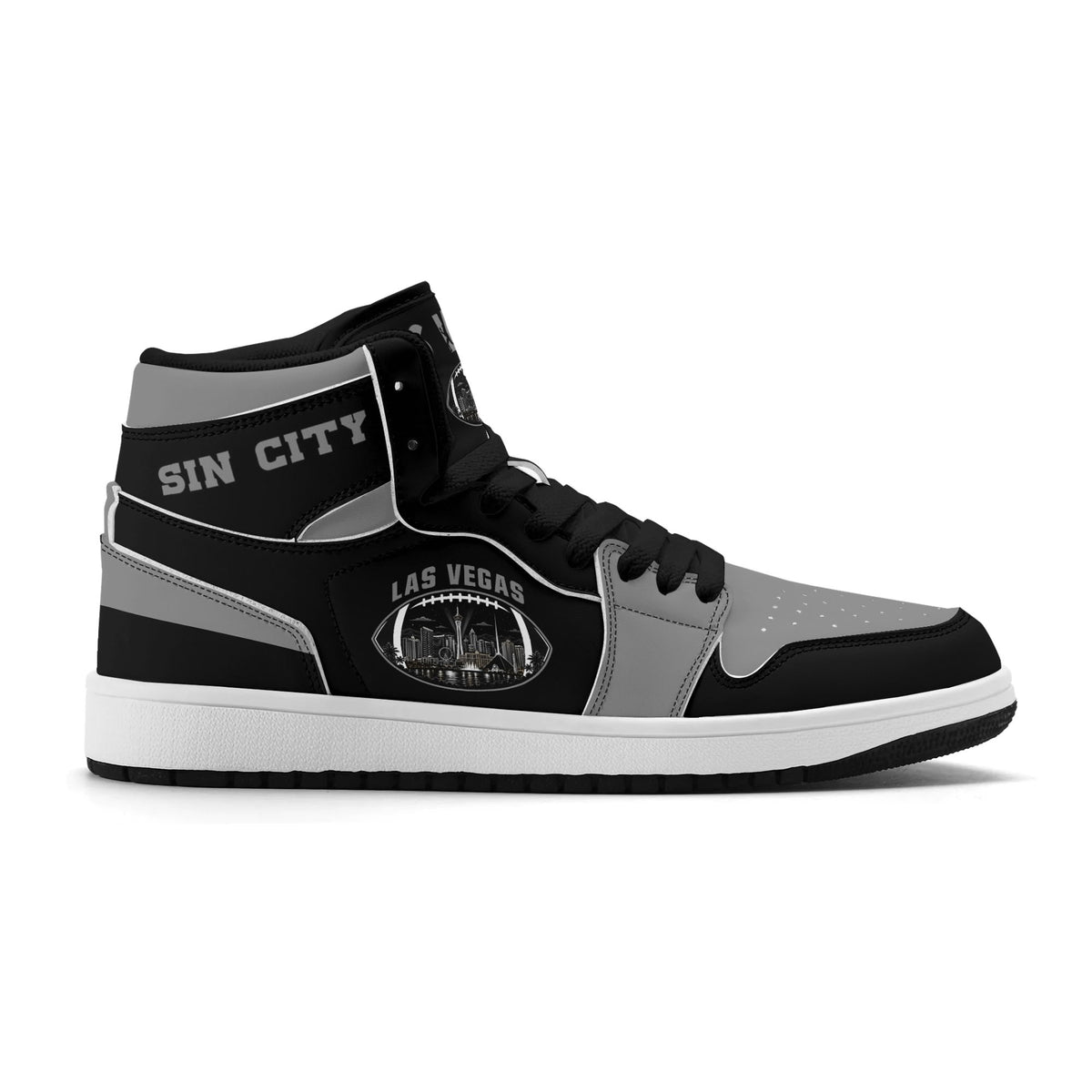 Las Vegas football Jamrock High top sneakers in black, gray, white with football badge with the city skyline at night
