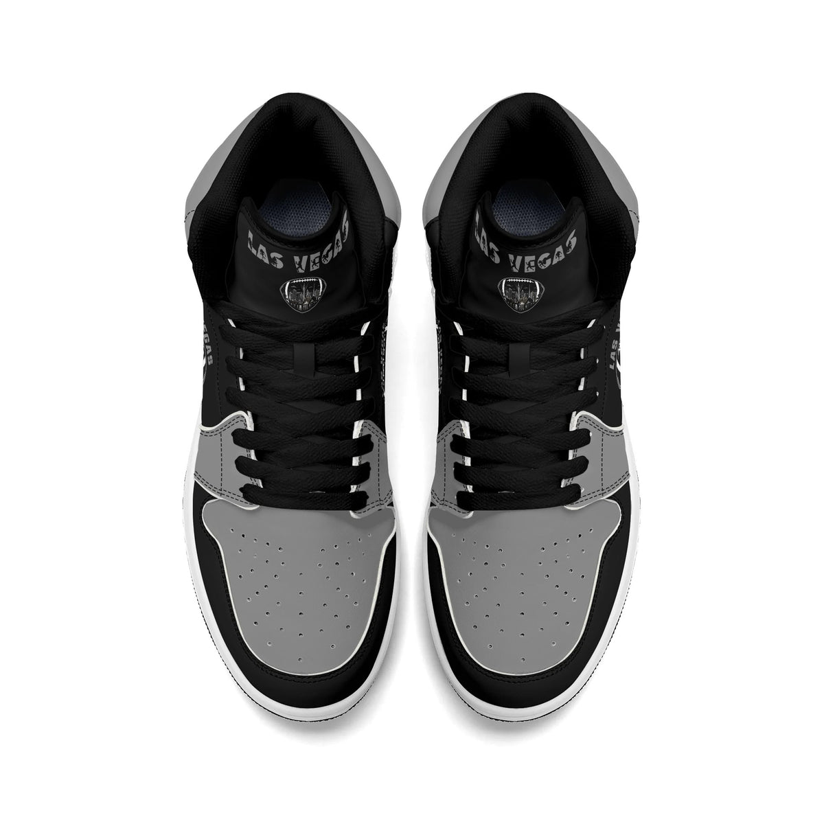 Las Vegas football Jamrock High top sneakers in black, gray, white with football badge with the city skyline at night