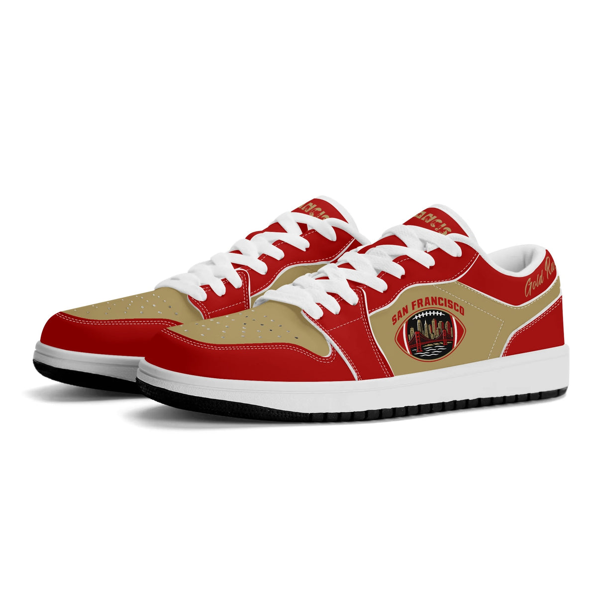 San Francisco football Jamrock Low top sneakers in red, gold with football badge with the Golden Gate Bridge over the skyline