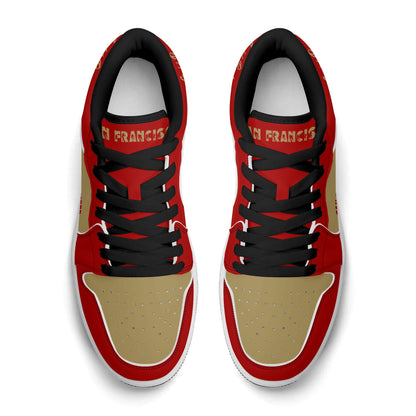 San Francisco football Jamrock Low top sneakers in red, gold with football badge with the Golden Gate Bridge over the skyline