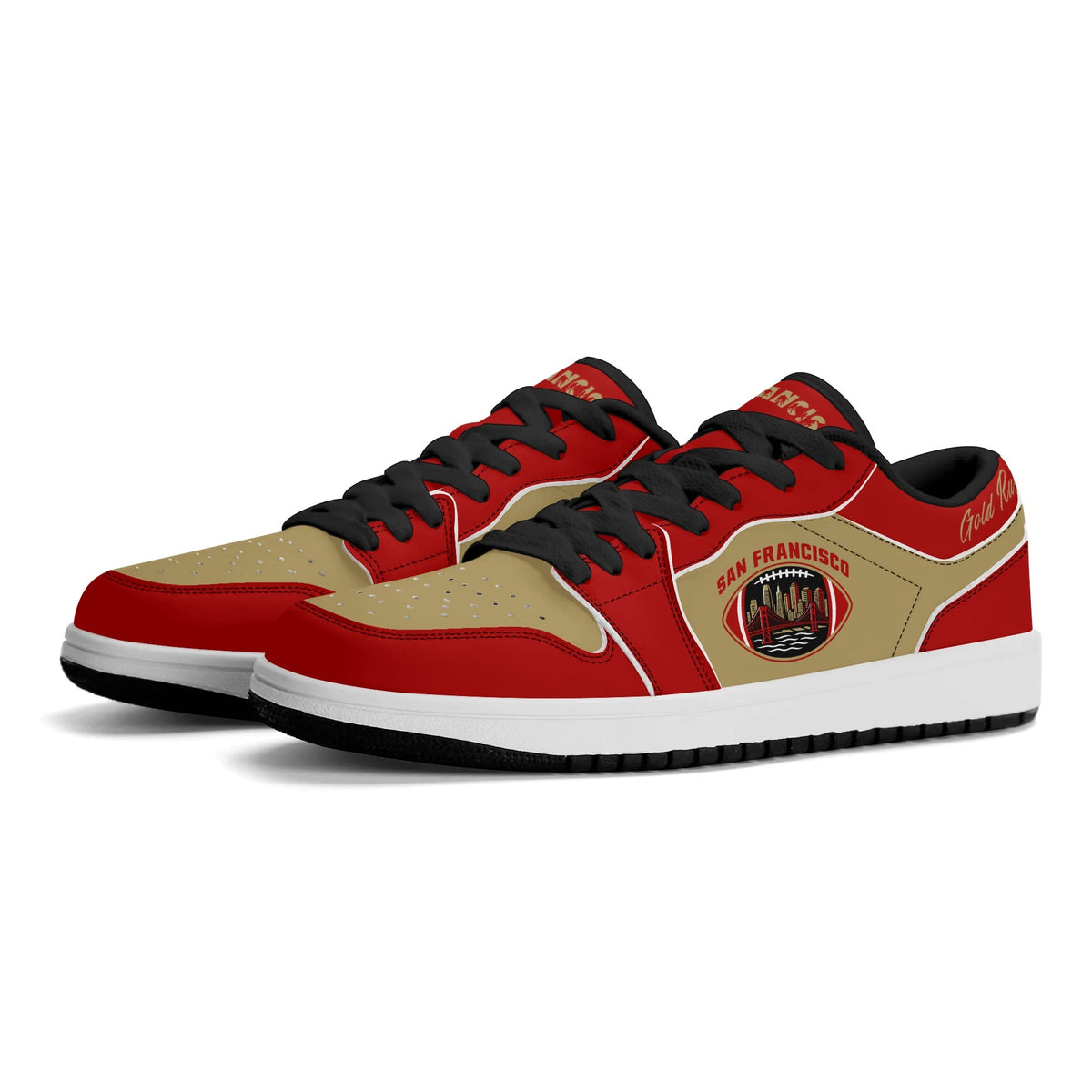 San Francisco football Jamrock Low top sneakers in red, gold with football badge with the Golden Gate Bridge over the skyline