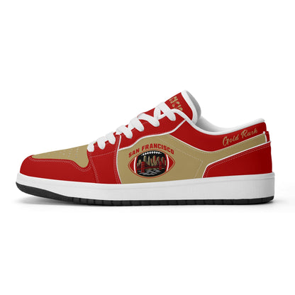 San Francisco football Jamrock Low top sneakers in red, gold with football badge with the Golden Gate Bridge over the skyline