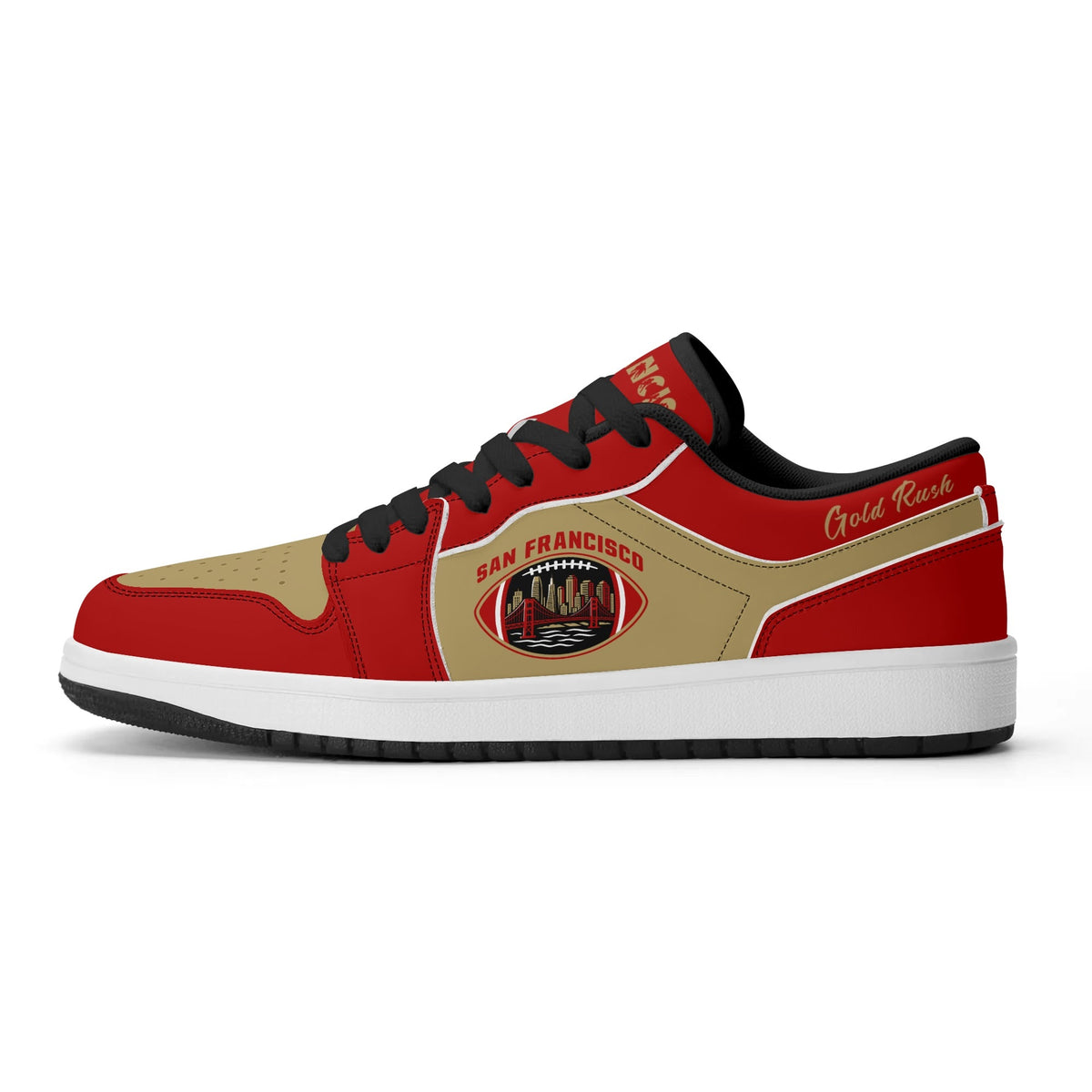 San Francisco football Jamrock Low top sneakers in red, gold with football badge with the Golden Gate Bridge over the skyline