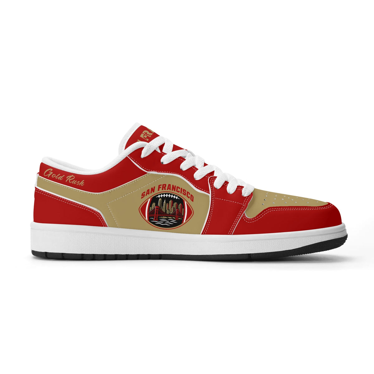 San Francisco football Jamrock Low top sneakers in red, gold with football badge with the Golden Gate Bridge over the skyline