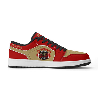 San Francisco football Jamrock Low top sneakers in red, gold with football badge with the Golden Gate Bridge over the skyline